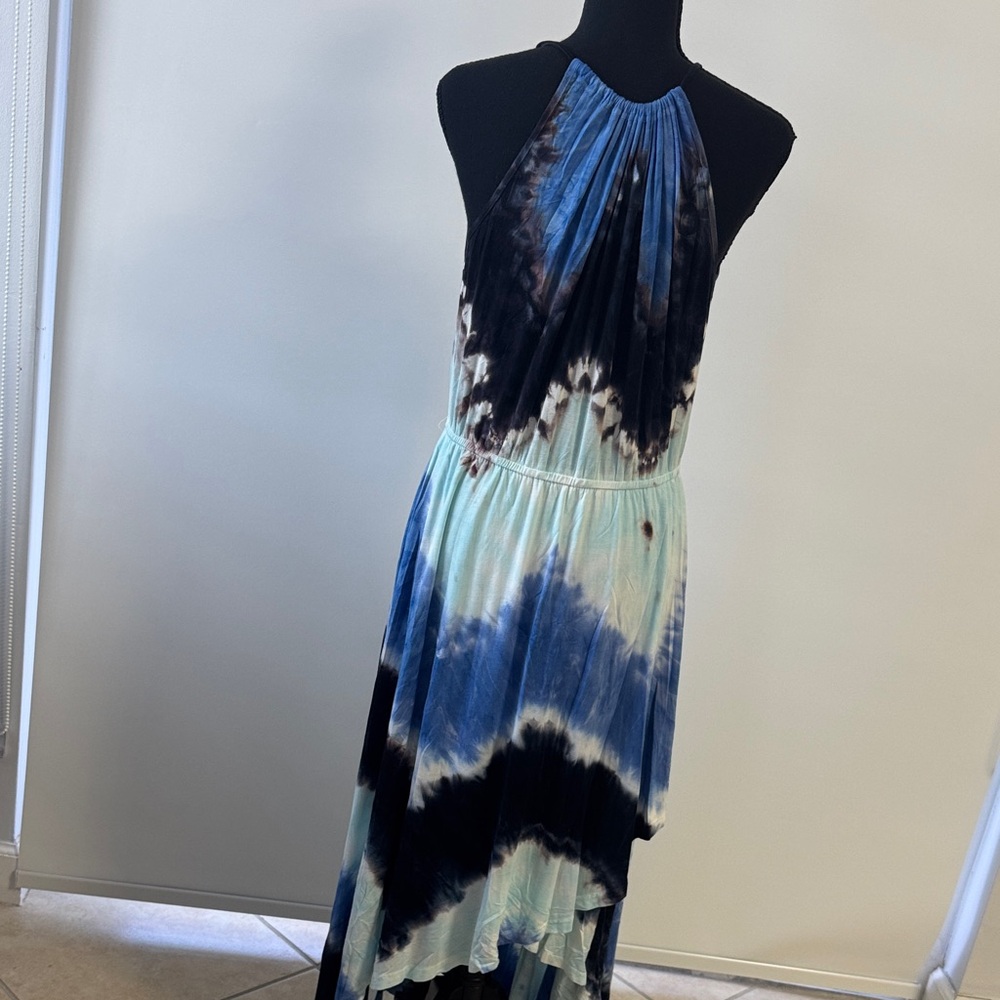 WD.NY Blue and Cream Tie-Dye Halter Hi-Low Dress